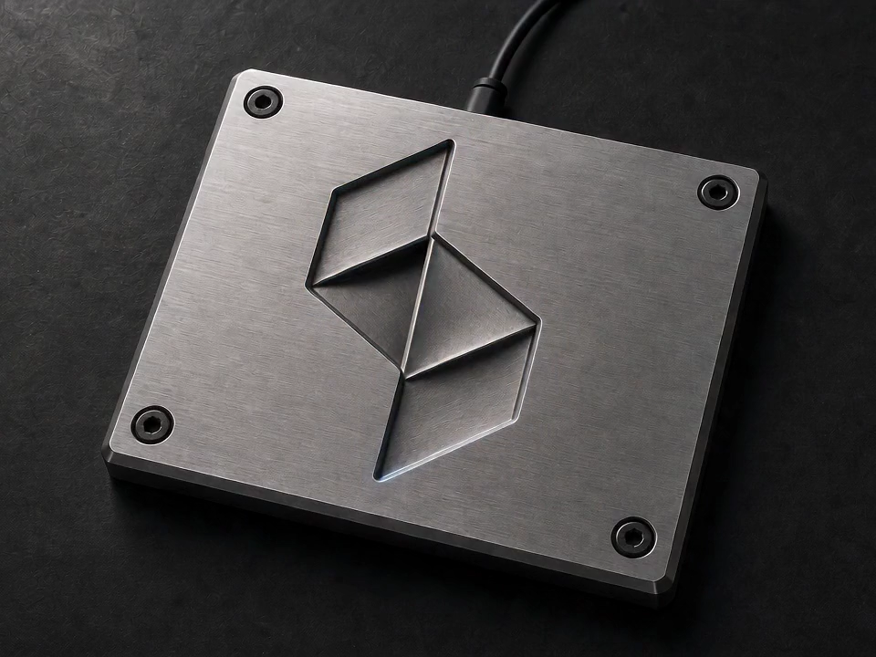 The Suntiq mark machined into titanium